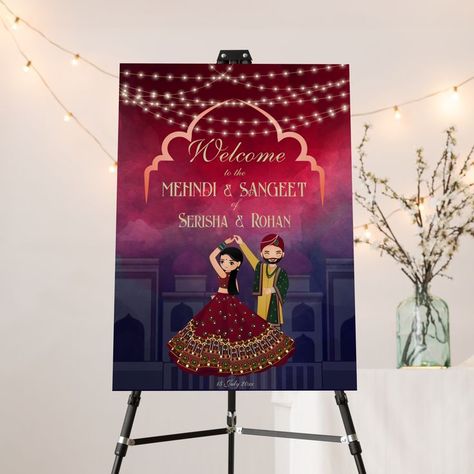 Sangeet Welcome Board, Welcome Board Ideas, Bridal Couple, Maroon Background, Wedding Entrance Decor, Dancing Couple, Welcome Board, Temple Art, Wedding Entrance