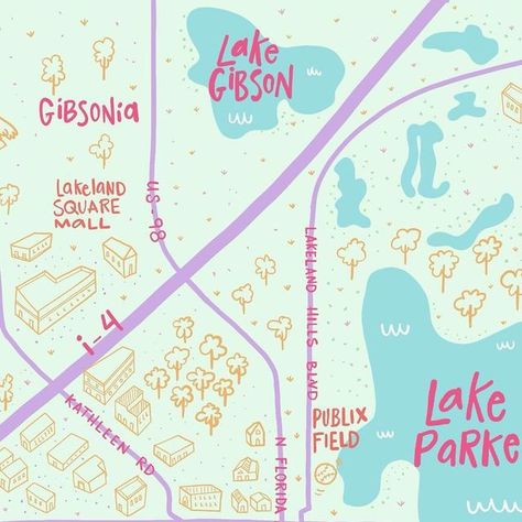 Leida | Illustration on Instagram: "A rather simple map of Lakeland. I may come back and revisit this one at some point.  #illustratedmaps #map #lakeland #lakelandflorida #illustration #lklnd" Illustrated Map Design, Simple Map Design, Maps Illustration Design, Illustrated Maps, Lakeland Florida, Map Illustration, Holiday Guide, March 8, Illustrated Map