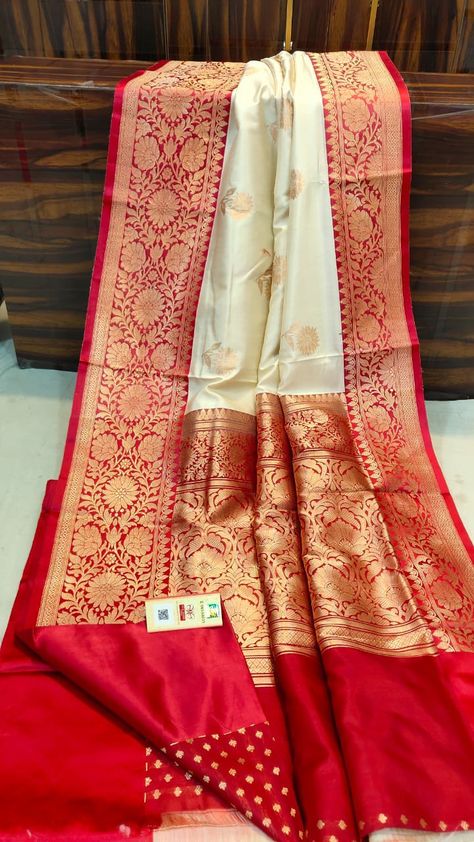 White Red Benarasi Saree, White And Red Banarasi Saree, Red And White Banarasi Saree, White And Red Silk Saree, White And Red Saree, Pink Saree Silk, Red And White Saree, Bengal Saree, Red Saree Wedding