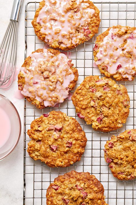 Dress up these rhubarb cookies to be pretty in pink with a drop of food coloring in the icing. #bhgfood #springrecipes #recipes Rhubarb Biscuits, Rhubarb Cookies Recipes, Rhubarb Cookies Oatmeal, Rhubarb Brown Sugar Cookies, Rhubarb Oatmeal Cookies, Rhubarb Bars Shortbread Crust, Almond Rhubarb Picnic Bars, Rhubarb Dream Bars Taste Of Home, Rhubarb Cookies Taste Of Home