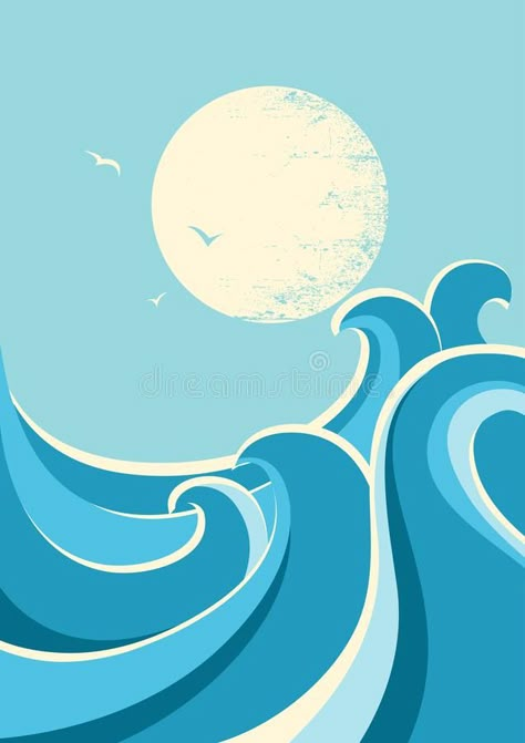 Cartoon Waves Ocean, Waves Ocean Drawing, Ocean Design Illustrations, Waves Illustration Art, Ocean Wave Illustration, Beach Waves Drawing, Ocean Illustration Waves, Wave Illustration Design, Water Illustration Design