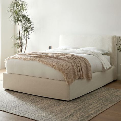 Haven Slipcover Bed | West Elm Bed Slipcover, West Elm Bedding, Winged Bed, Washable Slipcovers, Contemporary Bed, Dyed Linen, Storage Bed, Upholstered Beds, Bedroom Inspo