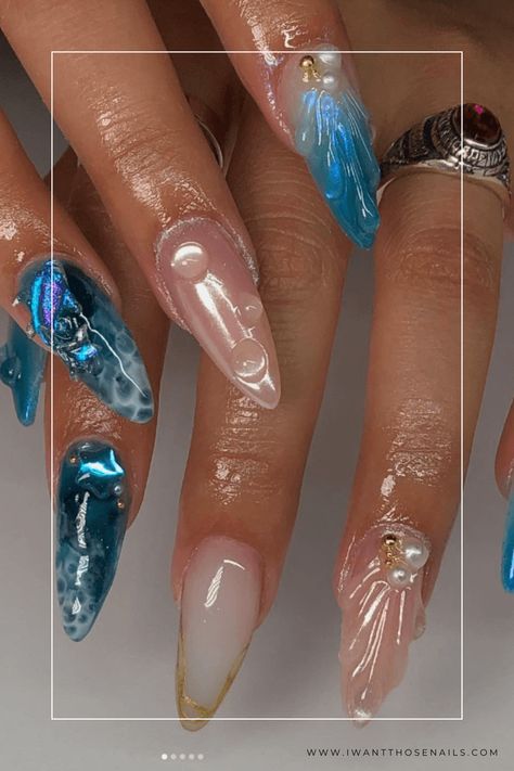 Make a splash this season with these mermaid-inspired nails! Choose from pink, purple, or blue gel or acrylic options, with short or long lengths and a variety of nail shapes. Add some bling to your fingertips and let your inner sea goddess shine with these Mermaid Nails Ideas! Mermaid Nail Designs, Blue Nail Design, Little Mermaid Nails, Seashell Nails, Mermaid Nail, Sea Nails, Nail Designs Ideas, Water Nails, Summery Nails