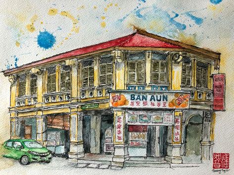 Building Drawing, Asian Architecture, Shop Fronts, Sketchbook Journaling, Phuket, House Painting, Shop House, Sketch Book, Illustration Art