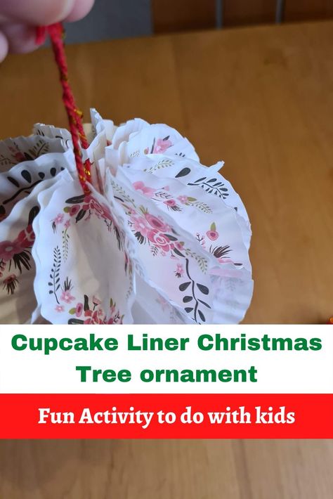 If you have cupcake liners lying around your house and if you have no intention of using them for the foreseeable future, this is a perfect activity to do with your kids this Holiday season! We have these cupcake liners lying around in the kitchen for months without seeing the light of the day and I wanted to give them a new purpose, and Voila! Christmas ornaments they will be! Cupcake Liner Ornaments Diy, Cupcake Paper Ornaments, Cupcake Liner Wreath, Cupcake Liner Crafts For Kids, Cupcake Liner Ornaments, Crafts With Cupcake Liners, Cupcake Liner Christmas Tree, Christmas Papercrafts, Cupcake Liner Crafts