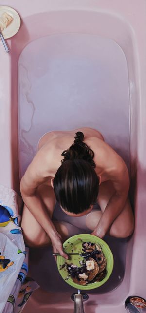 Lee Price Blueberry Pancakes  Oil on Linen  60" x 28" Lee Price, Foto Transfer, In The Bathtub, Blueberry Pancakes, Realistic Paintings, Oil Painters, Hyperrealism, Realistic Art, Bathroom Art