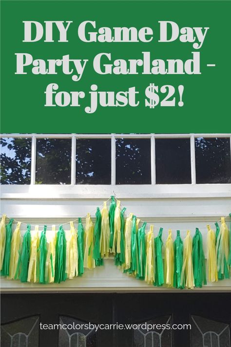 Get ready for game day with an easy DIY garland that you can leave outside, use to decorate the tent at a tailgate party, or the deck railing in your back yard! And the best part is that it’s made from plastic tablecloths from a dollar store! Game Day Tailgate Decorations, Cheer Tailgate Ideas, School Tailgate Ideas, Football Tent Decorations, Diy Tailgate Decorations, Tailgate Photo Backdrop, Office Tailgate Party Decorations, Homecoming Tailgate Ideas, How To Store Garland