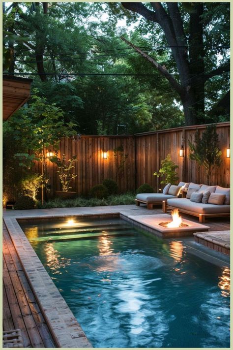 outdoor decor backyard Shallow Backyard Pools, Cozy Backyard With Pool, Pool Side Garden Ideas, Backyard With Pool Ideas On A Budget, Small Pool And Spa, Pool In Small Backyard, Small Yard Pools Backyard Designs, Small Backyard With Pool Ideas, Tiny Pools For Small Yards