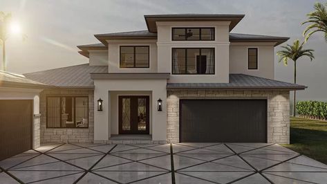 This contemporary coastal house plan has a 4-car split garage and stucco siding. A low 4:12 pitch on the tile roof gives the home a Mediterranean look.  Just inside the home, a large 2-story entryway is immediately adjacent to the formal living room that is warmed by a fireplace and features a cool hidden murphy door that leads to the garage. Further inside the home, the main living area is arranged in a beautiful open layout. The kitchen is a chef's dream that features a large island with 2 Story Stucco House, 2 Story House Layout, Contemporary Coastal House, Two Story Modern House, 2 Story Modern House, Bloxburg Suburban, Modern Home Exteriors, 2 Story House Plans, 2 Story House Design