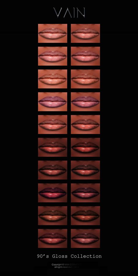 22 Shades  42 Swatches  Medium - Deep Tones  2 Variations ( Lip Lined & Natural)  Custom Thumbnail  HQ Textures  You can support my work by joining my Patreon 🖤  Please Reblog if you liked this collection,... Sims Lipgloss, Agnostic Quotes, Sims Makeup, Sims Decor, Cc Accessories, Cc Makeup, Sims 4 Piercings, Resource Furniture, Sims 4 Black Hair