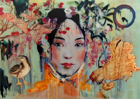 Paint Emotions, Changchun China, Hung Liu, Changchun, Art Chinois, Flowers In Her Hair, Figurative Painting, Tableau Art, Favorite Artist