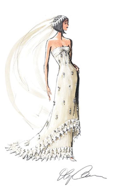 Strapless Sheath with Train Bridal Gown Sketch by Oleg Cassini Fashion Illustration Sketches Dresses Gowns Beautiful, Gown Sketches Design, Vintage Dress Sketches, Fashion Illustration Bridal, Couture Sketches, Gown Sketch, Custom Wedding Dress Sketch, Wedding Dress Sketch, Vintage Fashion Sketches