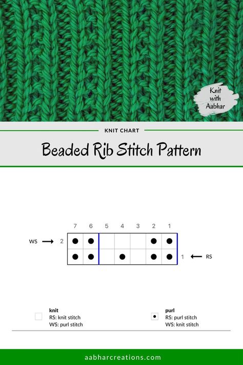 free printable knitting stitch chart from aabharcreations for beaded rib stitch knitting pattern Beaded Rib Stitch, Type Of Knitting Stitches, Knitting Rib Stitch Patterns, Knit Stitch Patterns Texture, Knit Ornament Pattern, Seed Stitch Knitting, Types Of Knitting, Knit Stitch Patterns Free, Twisted Rib Stitch