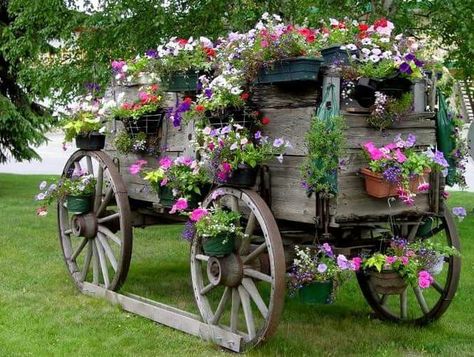 Flower Covered Wagon Wagon With Flowers, Flower Wagon, Wagon Planter, Garden Wagon, Wooden Wagon, Fall Garden Vegetables, Recycled Garden, Flower Cart, Container Flowers