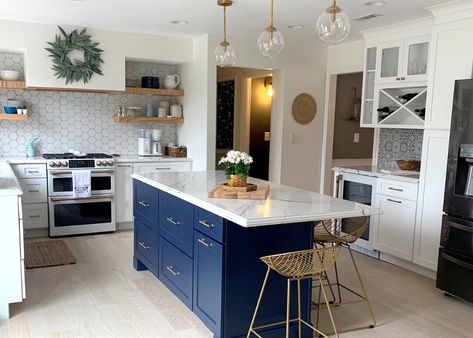 White Kitchen Blue Island Gold Hardware, Navy Blue White And Gold Kitchen, Blue And White Galley Kitchen, White Kitchen Blue Island Black Hardware, Navy Island White Cabinets, White Cabinets Blue Island, Blue Island White Cabinets, Navy Blue Kitchen Island, Shaker Island