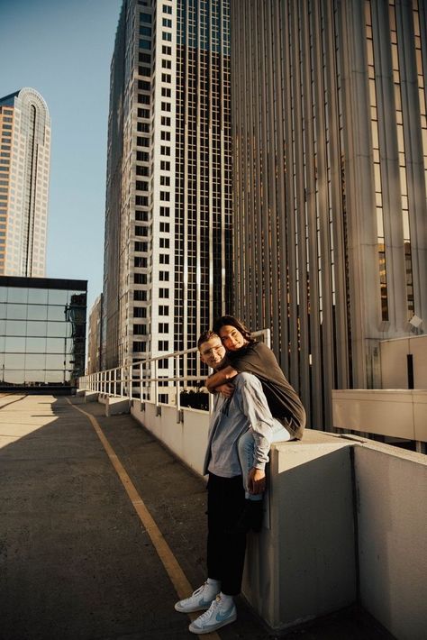 Rooftop Photoshoot Ideas Couple, Street Wear Couple Photoshoot, Engagement Photos Industrial, Downtown Couple Photoshoot, Urban Couple Photoshoot, Uptown Charlotte Nc, Rooftop Engagement Photos, City Couples Photography, Engagement Photos Casual