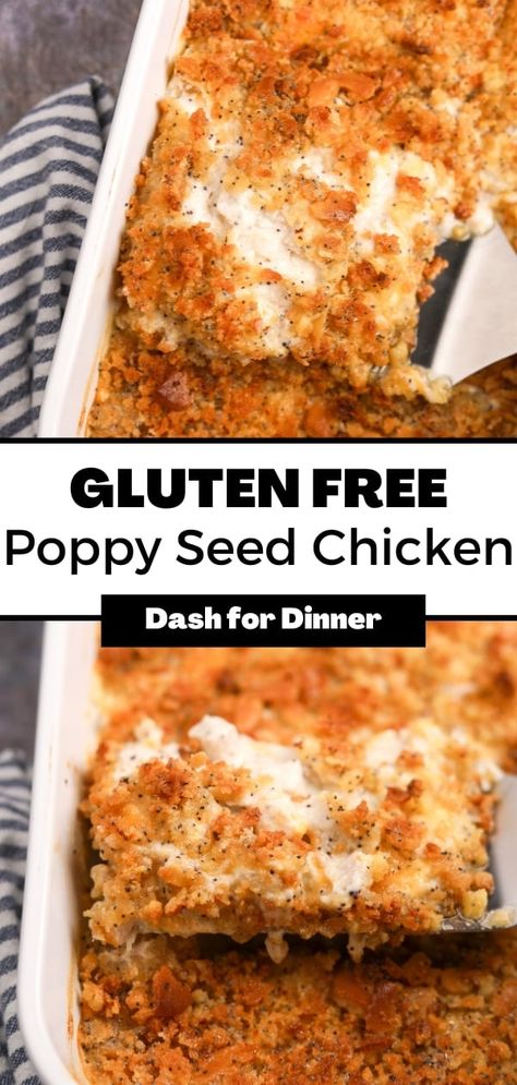 If you’re looking for easy gluten-free dinner ideas, you need to try this delicious recipe for Poppy Seed Chicken. Made with gluten free ingredients, this creamy casserole features leftover chicken and pantry staples, meaning it’s perfect for busy weeknights. Creamy, cheesy, and grain-free too; it’s a dinner that the whole family will love! Chicken Dinner Gluten Free, Easy Dinner Gluten Free, Easy Meals Gluten Free, Gluten Free Ideas, Gf Df Dinner Recipes, Gluten Free Dairy Free Chicken Casserole, Gluten Free Rotisserie Chicken Recipes, Chicken Breast Recipes Gluten Free, Chicken Recipes Gluten Free