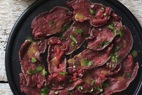 Venison carpaccio...also great cold and raw~ served on a slab of pink himalayan salt! Venison Carpaccio, Carpaccio Recipe, Deer Meat Recipes, Ceviche Recipe, Deer Meat, Wild Game Recipes, Venison Recipes, Mustard Dressing, Starters Recipes