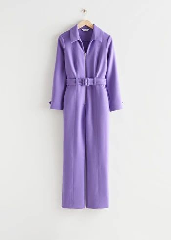 Belted Collared Jumpsuit - Lilac - & Other Stories GB Jumpsuit With Coat, Collared Jumpsuit, Purple Jumpsuit, Purple Belt, Belt Jumpsuit, Leather Boots Heels, Chic Party, Linen Style, Trouser Pants Women