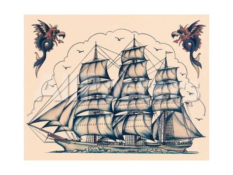 Three Masted Ship & Sea Dragons, Vintage Tattoo Flash by Norman Collins, aka, Sailor Jerry Transportation Art Print - 61 x 46 cm Vintage Tattoo Flash, Sailor Jerry Flash, Sailor Jerry Tattoo Flash, Sailor Jerry Tattoos, Nautical Tattoo, Old School Tattoo Designs, Ship Tattoo, Vintage Flash, Sailor Jerry