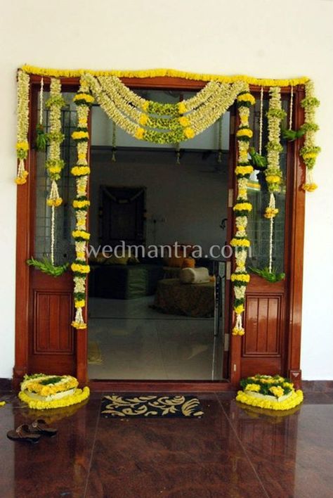 pasupu function 3 Door Flower Decoration, Unique Wedding Ceremony Ideas, Ganapati Decoration, Housewarming Decorations, Mandap Decor, Marriage Decoration, Beautiful Wedding Decorations, Wedding Mandap, Wedding Entrance