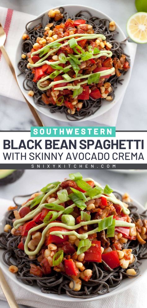 Here's one of the best comfort food recipes to try! This Southwestern Black Bean Spaghetti with Skinny Avocado Cream is loaded with fresh flavors! This spicy spaghetti recipe is a great addition to your weeknight dinner recipes for the family! Spinach And Black Bean Recipes, Pasta Black Beans, Skinnytaste Black Beans, Spaghetti Squash Black Beans, Black Bean Spaghetti Recipes, Black Bean Pasta Recipes, Best Comfort Food Recipes, Black Bean Spaghetti, Homemade Gluten Free Pasta