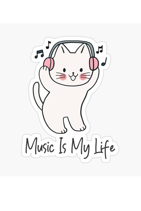 Music Is My Life Cat Sticker Funny Cat Doodles Easy, Cute Music Stickers, Cat Listening To Music Drawing, Cat With Headphones Drawing, Cute Cat Listening To Music, Music Stickers Aesthetic, Listening To Music Wallpaper, Stickers Aesthetic Vintage, Cat Listening To Music