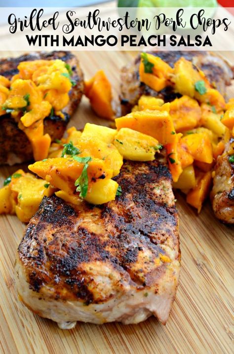 Grilled Southwestern Pork Chops with Mango Peach Salsa Mango Chili Sauce, Grilled Salsa, Milanesa Recipe, Peach Pork Chops, Bbq Pork Ribs, Lime Salmon, Mango Avocado, Peach Salsa, Pork Rib Recipes