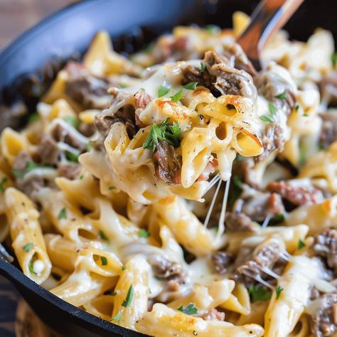 Philly Cheesesteak Pasta Cheesteak Pasta, Philly Cheesesteak Tortellini Pasta, Philly Cheese Steak Pasta, Hamburger Meal, Philly Cheesesteak Pasta, Cheesesteak Pasta, Cheesesteak Sandwich, Weekend Recipes, Philly Steak