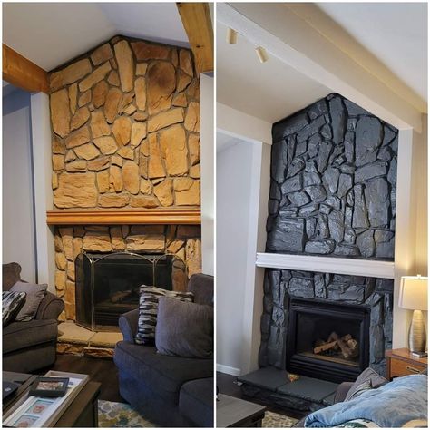 Painted Stone Fireplace Black, Black Limestone Fireplace, Painted Black Stone Fireplace, Modern Cabin Interior Living Room, Black Painted Stone Fireplace, Black Stone Fireplace Ideas, Painting Brick Fireplace Black, Black Rock Fireplace, Brick Fireplace Black