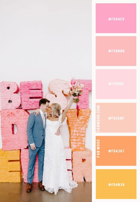 Peach And Coral Wedding Theme, Bright Pink Orange Yellow Wedding, Pink Fall Wedding Theme, Pale Pink Color Combinations, Sunset Wedding Color Scheme, June Wedding Palette, Pink Orange Yellow Color Palette, Pink Wedding Theme Color Schemes, Pink Orange Yellow Wedding