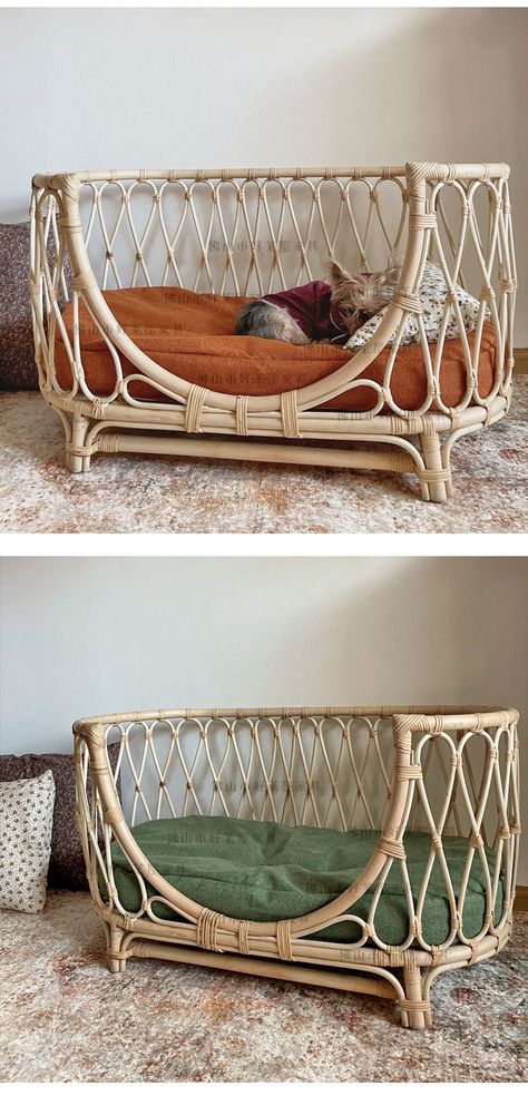 Boho Pet Room, Woven Dog Bed, Boho Dog Kennel, Boho Pet Decor, Dog Chair Furniture, Cottagecore Dog Bed, Rattan Pet Bed, Rattan Dog Bed, Boho Dog Crate