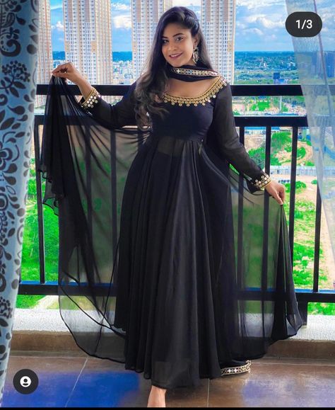 Anarkali Dress Pattern Black, Black Georgette Anarkali Suits, Black Long Dress Indian, Black Outfits Indian, Black Churidar Designs Party Wear, Black Anarkali Suits Designer, Black Long Dress Indian Style, Black Anarkali Dress Party Wear, Georgette Kurtis Designer Party Wear