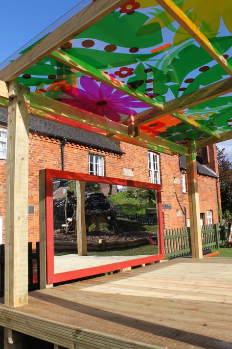 Canopy over decking & outdoor mirror Naturescape Playground, Campground Playground, Sensory Playground, Photo Setting, Decking Outdoor, Outdoor Play Spaces, Backyard Kids Play Area, Pocket Park, Garden Canopy