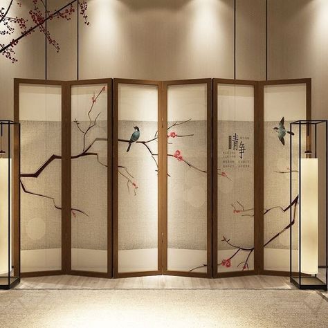 Folding Screen Room Divider, Decorative Room Dividers, Wooden Room Dividers, Chinese Interior, Diy Room Divider, Japanese Screen, Room Divider Screen, Spa Decor, Room Screen