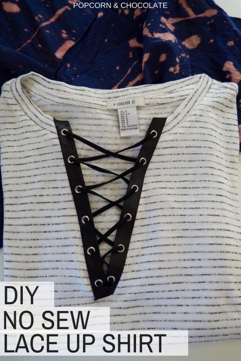 DIY no sew lace up shirt | Popcorn and Chocolate Tshirt Lace Up Diy, Lace Up Shirt, Diy Lace Up Top, How To Add Lace To A Tshirt, How To Make A Lace Up Shirt, How To Add Lace To Bottom Of Shirt, Flannel And Lace Shirt Diy, Diy Lace Up Shirt, Diy Lace Up