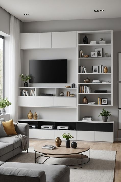 20 Modern Living Room TV Wall Ideas – ToolzView Narrow Built In Tv Wall Unit, Media Wall With Tv, Modern Living Room Tv Wall, Room Tv Wall Ideas, Wall Mounted Entertainment Unit, Living Room Tv Wall Ideas, Modern Living Room Tv, Built In Tv Wall Unit, Tv Wall Ideas