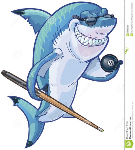 Mean Cartoon Pool Shark With Cue And Eight Ball Stock Vector ... Home Decals Vinyl, Chef Outfit, Illustration Meaning, Smiling Shark, Shark Pool, Shark Cartoon, Eight Ball, Fish Shop, Pool Art