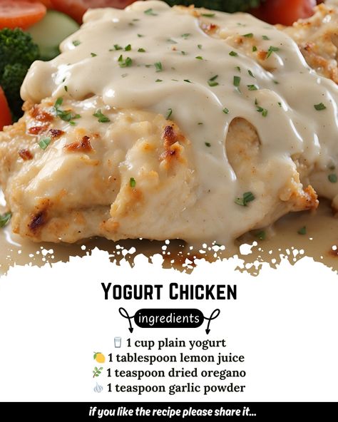 Yogurt Chicken 🍗🥛 Ingredients - 🥛 1 cup plain yogurt - 🍋 1 tablespoon lemon juice - 🌿 1 teaspoon dried oregano - 🧄 1 teaspoon garlic powder - 🧂 1/2 teaspoon salt - 🥄 1/4 teaspoon ground black pepper - 🐔 4 skinless, boneless chicken breast halves Directions: 1. In a medium bowl, combine plain yogurt, lemon juice, dried oregano, garlic powder, salt, and ground black pepper. 2. Add the chicken breast halves to the yogurt mixture, turning to coat well. Cover and refrigerate for at least 1 hou... Plain Yogurt Recipes, Skinless Boneless Chicken Breast, Yogurt Chicken, Well Cover, Shake Off, Yogurt Recipes, Plain Yogurt, Boneless Chicken Breast, My Favorite Recipes