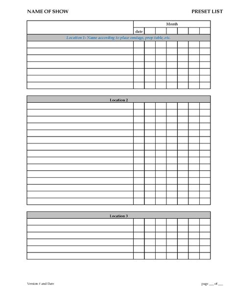 The Stage Manager's Toolkit - Sample preset template (lots more on the site) Stage Set Design Backdrops, Plot Template, Sheet Costume, Cue Sheet, Conference Stage, Business Case Template, Theatre Classroom, Stage Management, Teaching Theatre