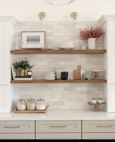 Small Open Shelves Kitchen, Kitchen Rugs Sink, Kitchen Shelf Styling, Quartzite Counters, No Upper Cabinets, Island Seating, Kitchen Floating Shelves, Kitchen Shelf Decor, Floating Shelves Kitchen