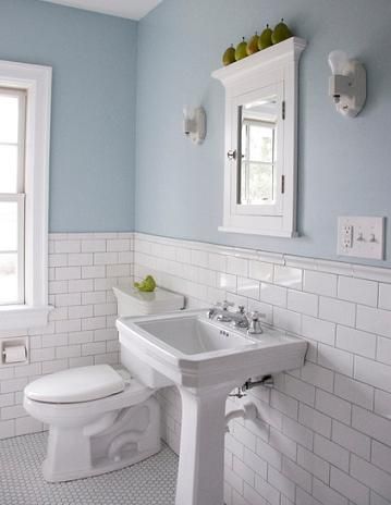 colors for small bathrooms without windows | ... That Will Help Brighten Up A Small Bathroom (by Whitefield and Co LLC White Tile Bathroom Floor, Baie Vintage, Design Interior Baie, Makeover Kamar Mandi, Black And White Tiles Bathroom, Bathroom Blue, Subway Tiles Bathroom, White Bathroom Tiles, Color Decor