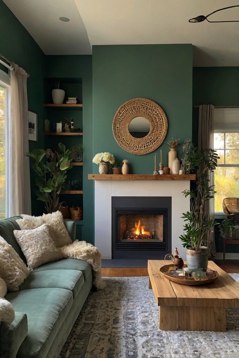 coastal living room design, boho decor, cozy fireplace design, home renovation, cottage style decor, beach house interior, rustic chic design Cottage Aesthetic Interior Living Room, Turquoise And Green Living Room, Cozy Living Rooms Fireplace, Living Room Inspo With Fireplace, Small Living Room Ideas Fireplace, Cozy Living Room Wall Colors, Paint Color Schemes For Living Room, Living Room Colours 2024, Warm Cosy Living Room