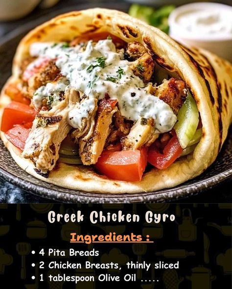 Ingredients: 4 Pita Breads 2 Chicken Breasts, thinly sliced 1 tablespoon Olive Oil... Easy Chicken Gyro Recipe, Greek Chicken Pita Pockets, Gyro Chicken Marinade, Greek Chicken Gyros With Tzatziki Sauce, Chicken Gyros Crockpot, Gyros Recipe Chicken, Chicken Pita Pockets, Cleanish Eating, Chicken Pita Recipes