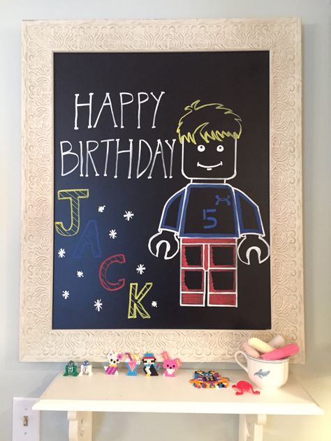 Lego birthday chalkboard Lego Chalkboard Art, Lego Birthday Banner, Happy Birthday Chalkboard, Happy 8th Birthday, Chalk Sign, Chalkboard Lettering, Boy Birthday Party Themes, Lego Birthday Party, Chalkboard Wall