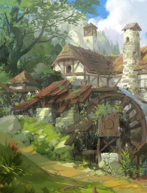 Artist? River Village Concept Art, Fantasy Rural Village, Countryside Concept Art, Fantasy Town Art, Small Town Art, Prairie Art, Fantasy Village, Village Art, Fantasy Town