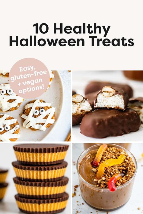 Skip the store-bought candy and make these healthy Halloween treats instead! They're all allergen-friendly and super easy to make with simple ingredients. Halloween Treats Healthy, Healthy Halloween Candy, Pumpkin Baking Recipes, Low Cal Dinner, Halloween Candy Recipes, Almond Joy Bars, Dirt Cups, Healthy Cookie Dough, Healthy Halloween Treats