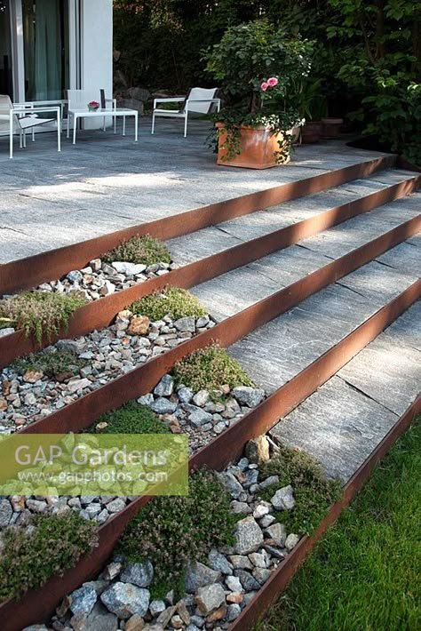 Corten steel and stone stairs with Thymus- Thyme growing in chippings Landscape Stairs, Garden Stairs, Garden Steps, Fairy Light, Garden Edging, Corten Steel, Back Garden, Front Garden, Backyard Landscaping Designs