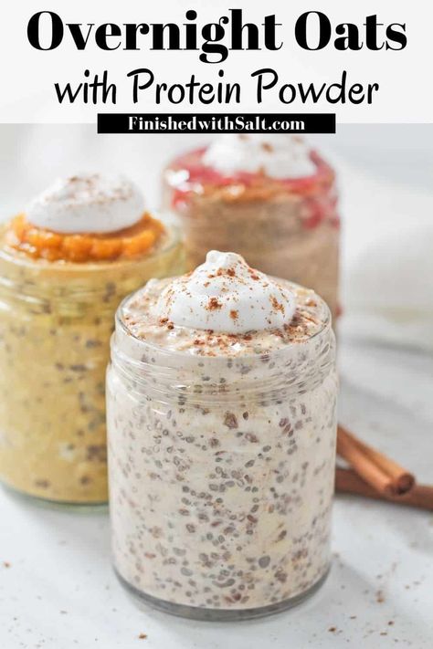 Healthy Overnight Oats with Protein Powder is an incredibly easy egg free breakfast in a jar, full of nutrition to keep you fueled and full until lunch! With three tasty varieties you can mix it up each day! #finishedwithsalt #overnightoats #healthy #breakfast #peanutbutter #pumpkin #coconutmilk | finishedwithsalt.com Overnight Oats Protein Powder, Oats With Protein Powder, Overnight Oats With Protein Powder, Overnight Oats With Protein, Overnight Oats Protein, Overnite Oats, Oats Protein, Healthy Overnight Oats, Pumpkin Overnight Oats