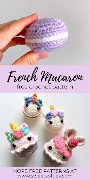 French Macaron (Free Amigurumi Crochet Pattern & Video Tutorial) - Sweet Softies | Amigurumi and Crochet Macaron Crochet Pattern, Macaroon Crochet Free Pattern, Crochet Macaron Pattern Free, Mini Unicorn Crochet Pattern Free, Amigurumi Macaron, Macaron Crochet, Crochet Macaron, Unicorn Macaron, Crochet Cookies